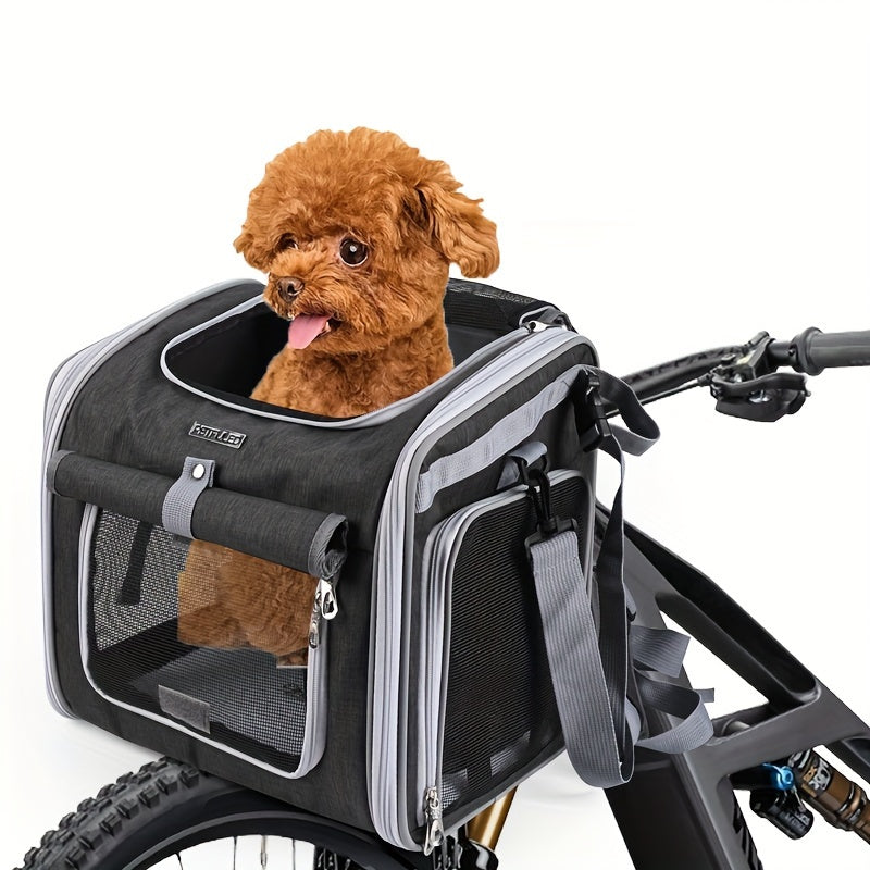 "Veilige uitbreidbare fietsmand voor huisdieren met mesh-vensters, geschikt voor honden en katten tot 8 kg."