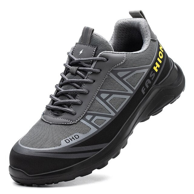 Veiligheidsschoenen S3 voor mannen, grijs en zwart, met brede veiligheidsneus, antislipzolen en stalen neus voor bescherming.
