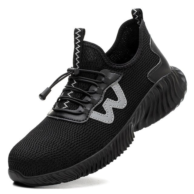 Veiligheidsschoenen S3 voor mannen, grijs en zwart, met brede veiligheidsneus, antislipzolen en stalen neus voor bescherming.