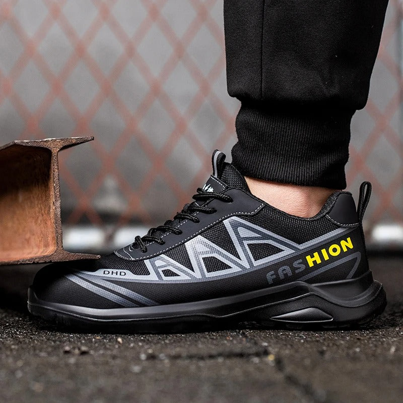 Veiligheidsschoenen S3 voor mannen, grijs en zwart, met brede veiligheidsneus, antislipzolen en stalen neus voor bescherming.