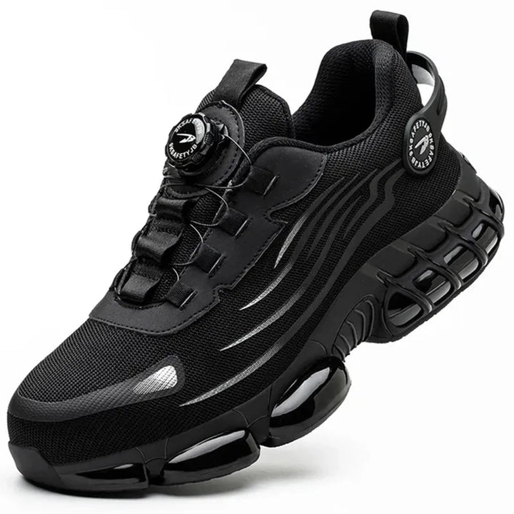"Veiligheidssneakers met S3-classificatie, ademend donkergrijs mesh, zwarte rubberzool, ideaal voor dames op de werkvloer."