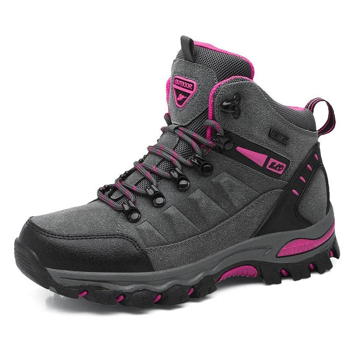 Veiligheidswerkschoenen voor dames, waterdicht en antislip, met versterkte enkelondersteuning en ronde teen, grijs.