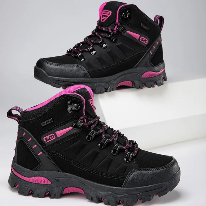 Veiligheidswerkschoenen voor dames, waterdicht en antislip, met versterkte enkelondersteuning en ronde teen, grijs.