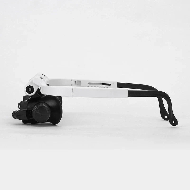 "Vergrootglas bril met LED-verlichting, verstelbare lenzen en witte afwerking voor precieze hobby- en professionele taken"