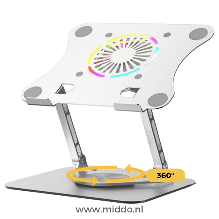 "Verstelbare ergonomische aluminium laptop- en tabletstandaard met modern design voor stijlvol en comfortabel gebruik."