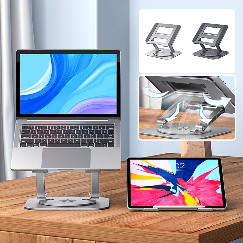 "Verstelbare ergonomische aluminium laptop- en tabletstandaard met modern design voor stijlvol en comfortabel gebruik."