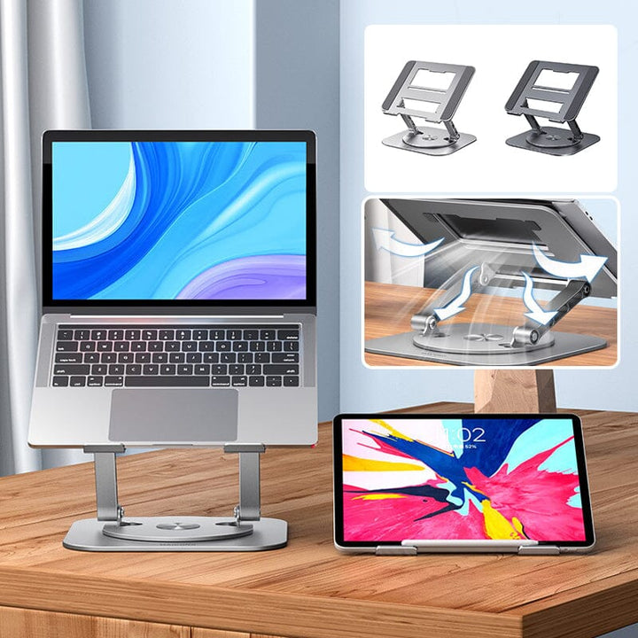 "Verstelbare ergonomische aluminium laptop- en tabletstandaard met modern design voor stijlvol en comfortabel gebruik."