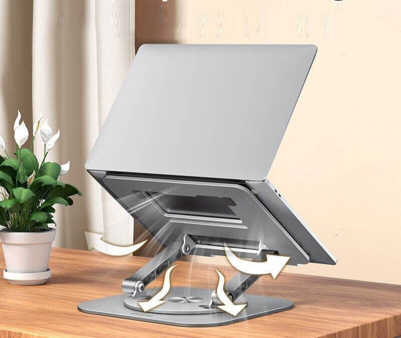 "Verstelbare ergonomische aluminium laptop- en tabletstandaard met modern design voor stijlvol en comfortabel gebruik."
