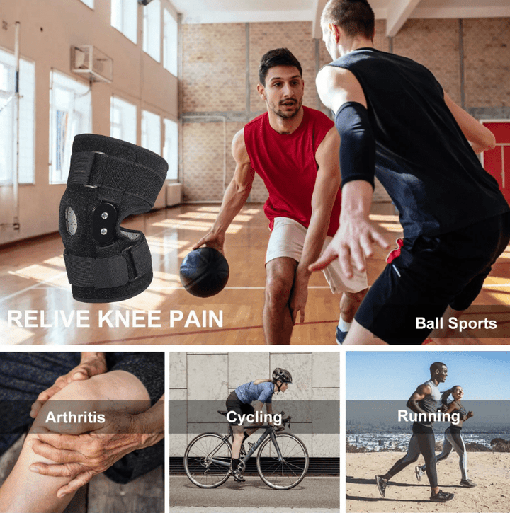"Verstelbare kniebrace met scharnieren; ademend sportontwerp voor optimale knieondersteuning en comfort."