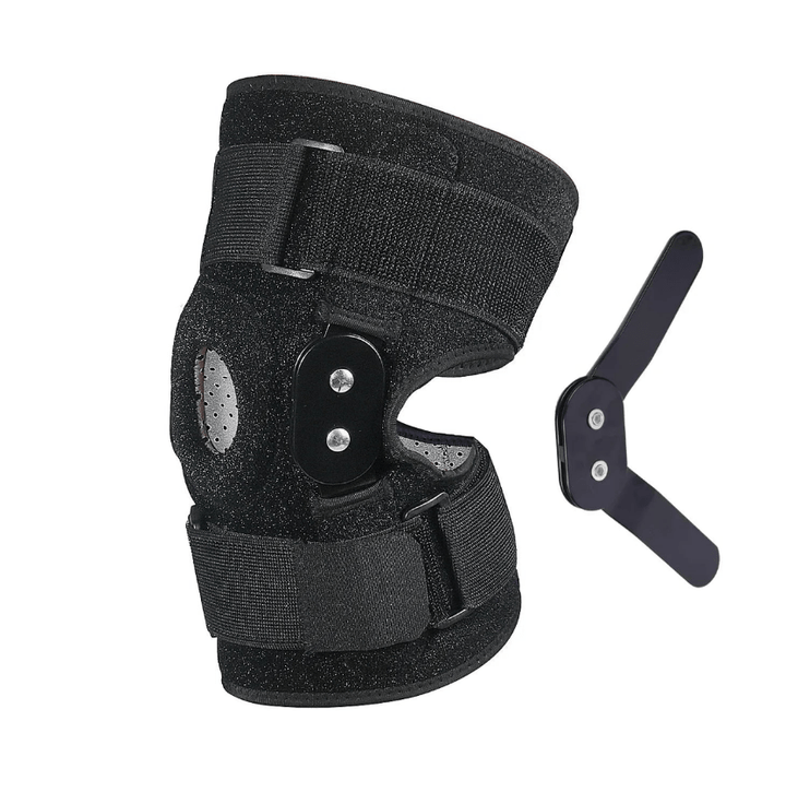 "Verstelbare kniebrace met scharnieren; ademend sportontwerp voor optimale knieondersteuning en comfort."