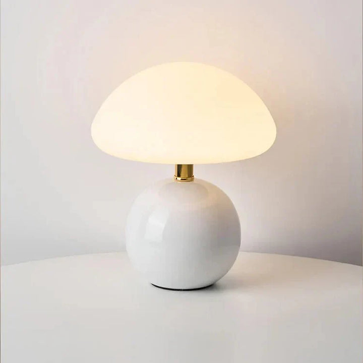 "Verstelbare LED paddenstoel lamp in modern design, keramiek en PVC, voor elegante sfeer in huis of kantoor."