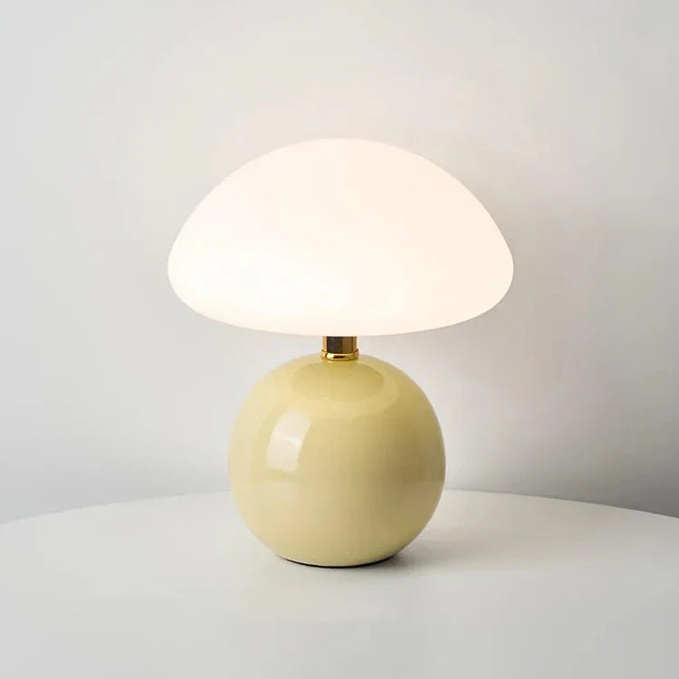 "Verstelbare LED paddenstoel lamp in modern design, keramiek en PVC, voor elegante sfeer in huis of kantoor."