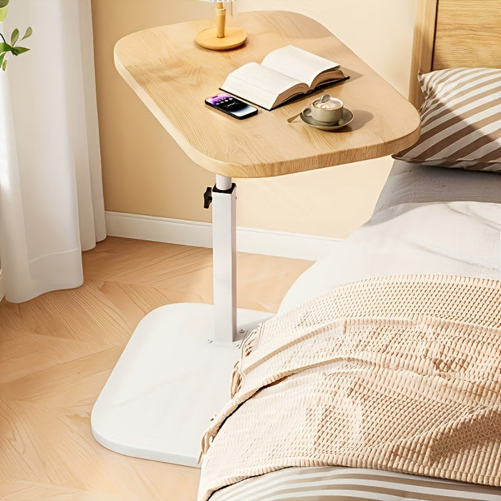 "Verstelbare zijkant tafel met houten blad en metalen frame, in hoogte verstelbaar, perfect voor naast bank of bed."