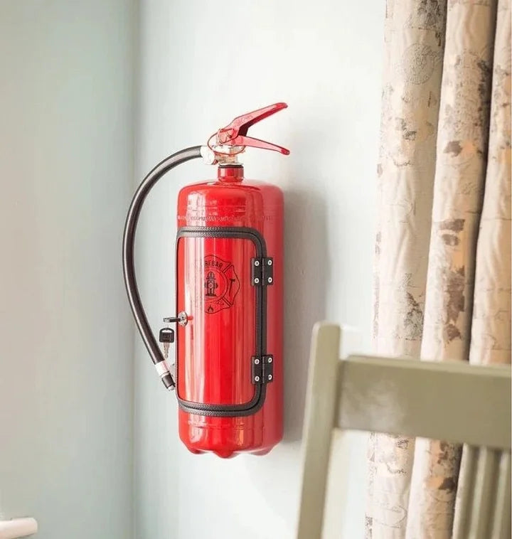 "Verstopte bar als brandblusser, metaal, rood, ruimte voor flessen en accessoires, uniek en stijlvol ontwerp voor elke kamer.