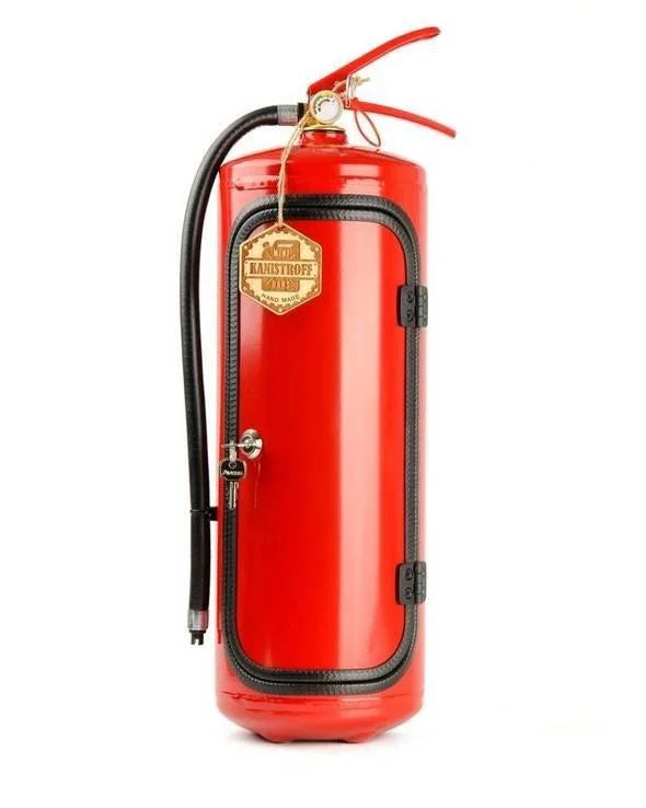 "Verstopte bar als brandblusser, metaal, rood, ruimte voor flessen en accessoires, uniek en stijlvol ontwerp voor elke kamer.