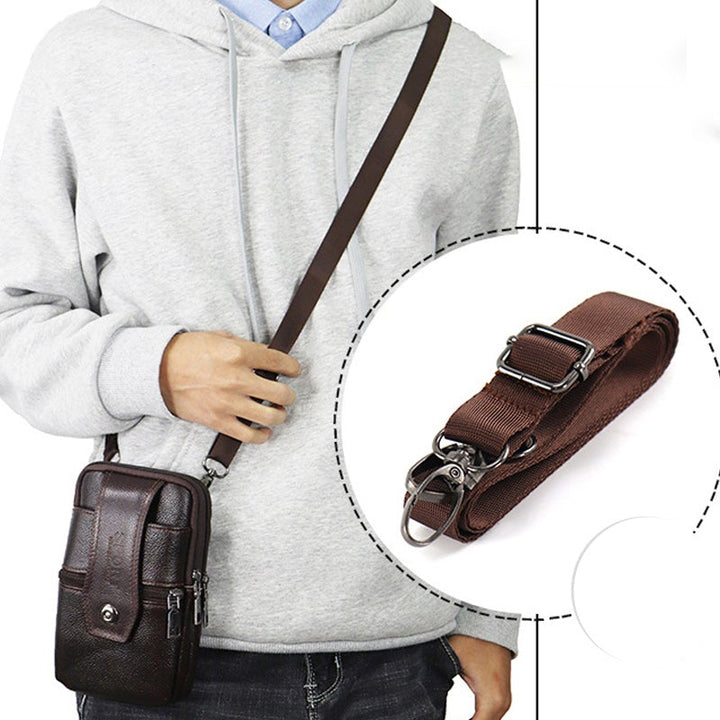 "Vintage leren heren crossbody heuptas met verstelbare band, stijlvolle bruine tas met ruime vakken en robuust ontwerp."
