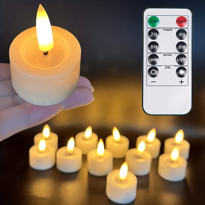 "Vlamloze theelichtjes met knipperend effect, afstandsbediening en dimbare timer, veilig en sfeervol voor elke ruimte."