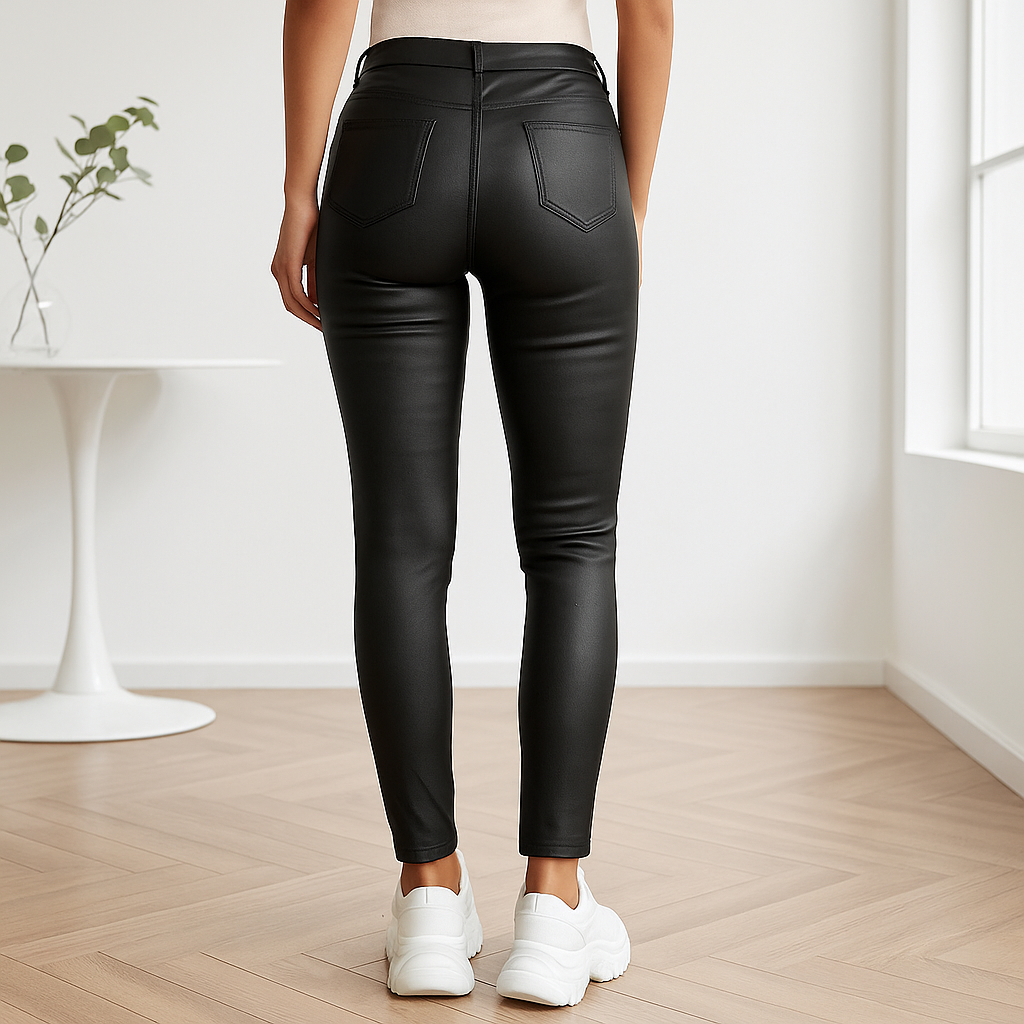 Vrouw draagt zwarte, stretchy skinny imitatieleren broek met hoge taille en witte sneakers, vooraanzicht.