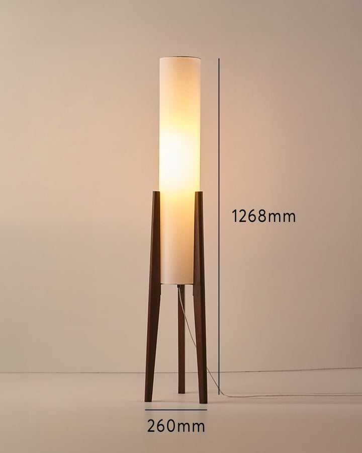 "Walnoot houten vloerlamp met modern design, sfeervolle verlichting en elegante houtnerf, hoogte 150 cm, donkerbruin."