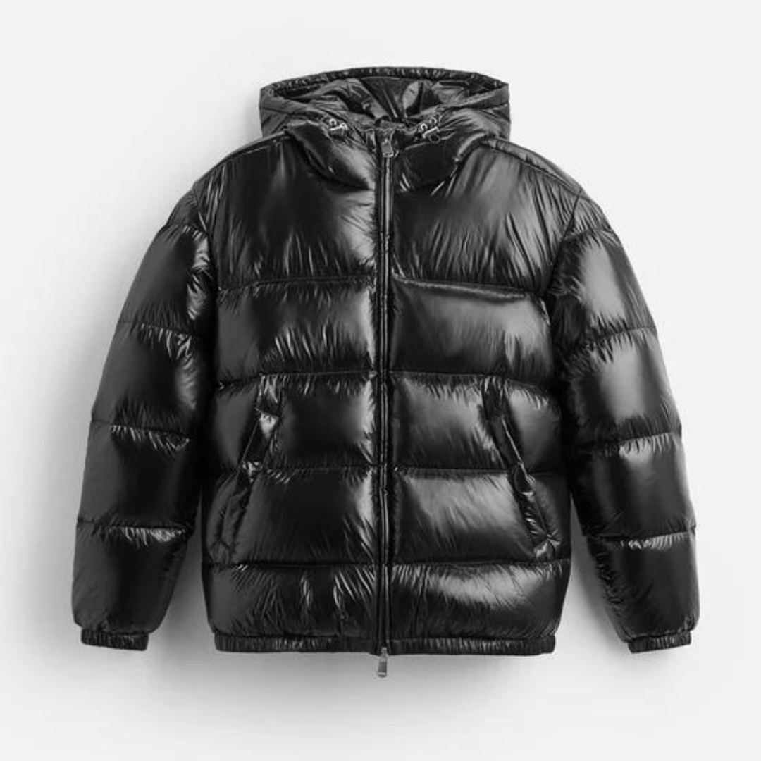 "Warm unisex pufferjack met dons, glanzende stof, hoge kraag en capuchon, ideaal voor winter, met verstelbare zoom."