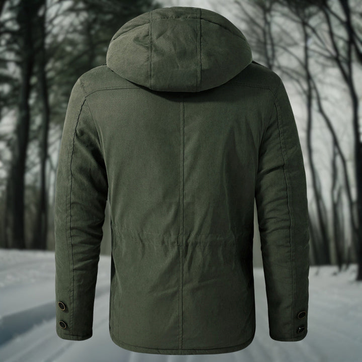 "Warme heren Sherpa jas met capuchon, zakken en comfortabele fleece, ideaal voor winterse stijl en bescherming tegen kou."