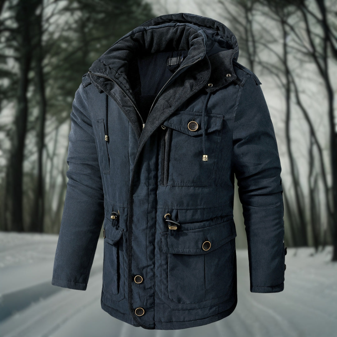 "Warme heren Sherpa jas met capuchon, zakken en comfortabele fleece, ideaal voor winterse stijl en bescherming tegen kou."