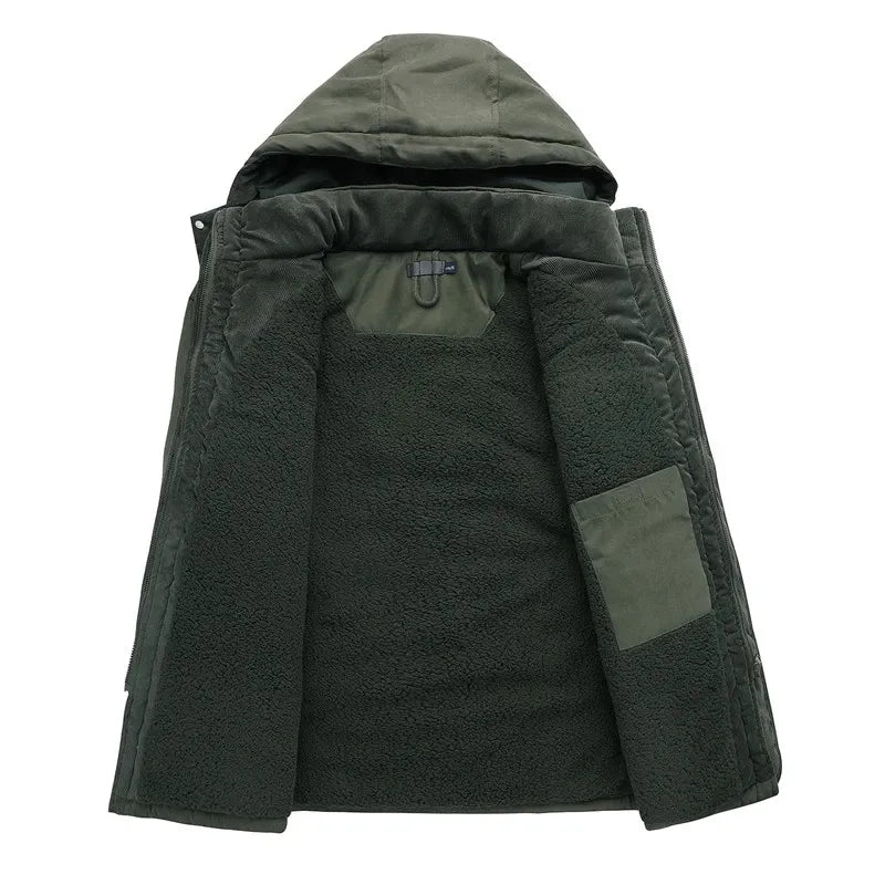 "Warme heren winterjas, stoere stijl, isolerende voering, winddicht, verkrijgbaar in khaki, groen, blauw"