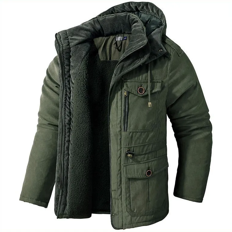 "Warme heren winterjas, stoere stijl, isolerende voering, winddicht, verkrijgbaar in khaki, groen, blauw"