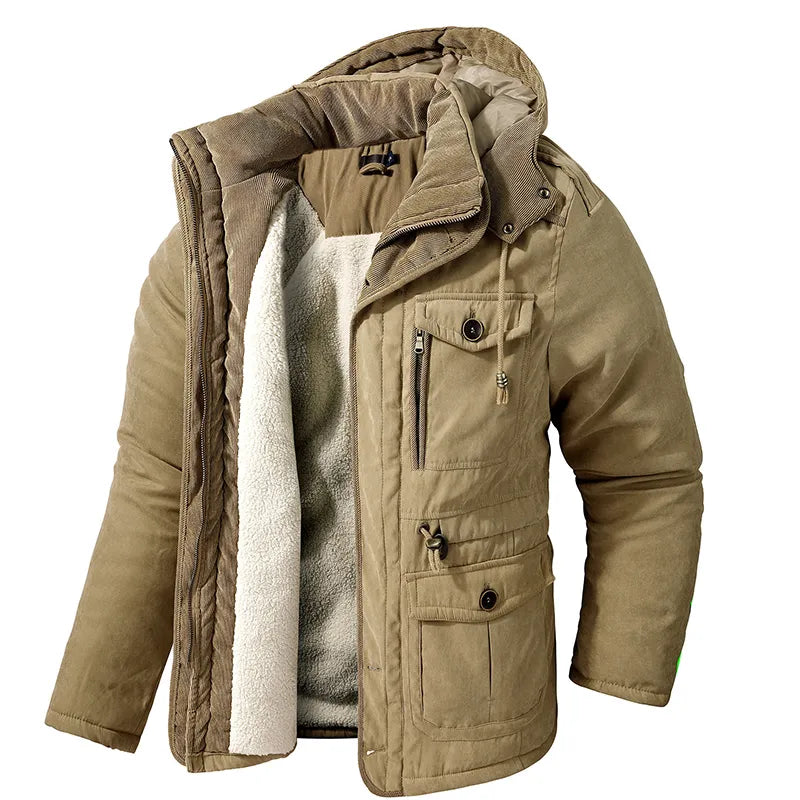 "Warme heren winterjas, stoere stijl, isolerende voering, winddicht, verkrijgbaar in khaki, groen, blauw"