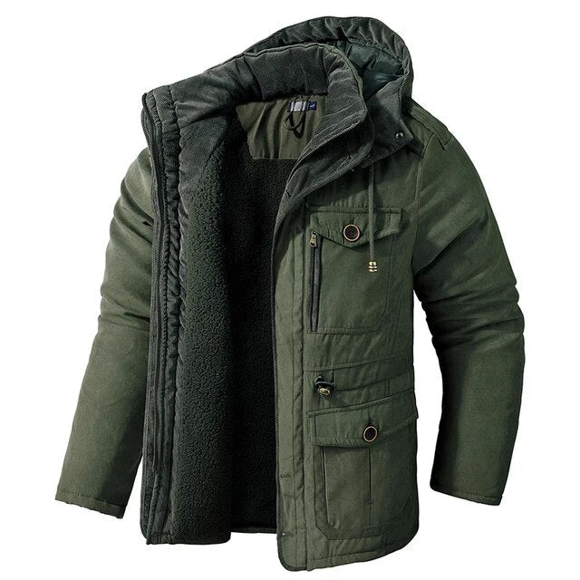 "Warme heren winterjas, stoere stijl, isolerende voering, winddicht, verkrijgbaar in khaki, groen, blauw"