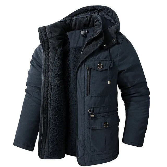 "Warme heren winterjas, stoere stijl, isolerende voering, winddicht, verkrijgbaar in khaki, groen, blauw"
