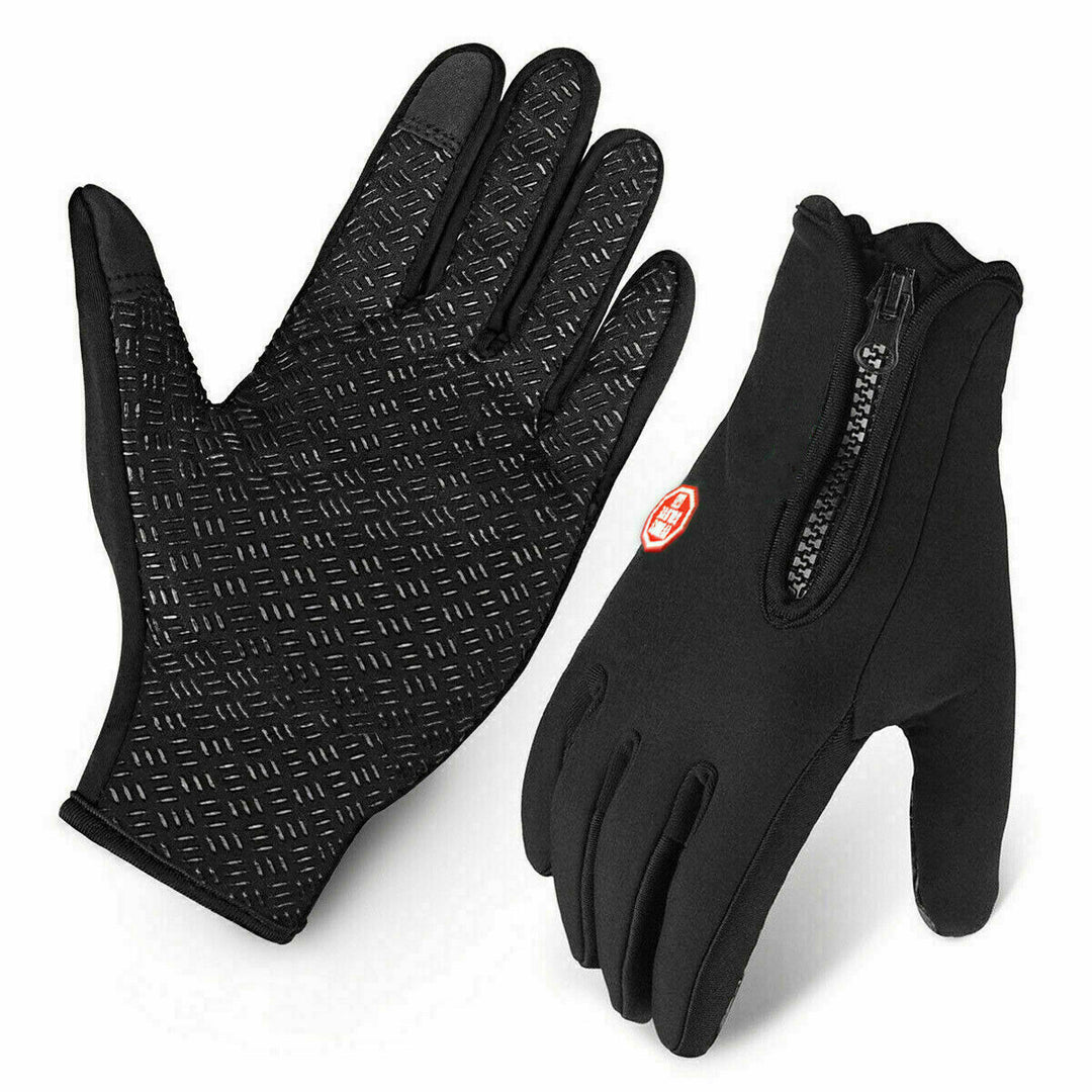 "Warme, winddichte WinterShield handschoenen met touchscreen, zwart neopreen met fleece voering en antislip grip."