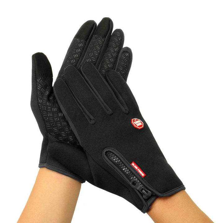 "Warme, winddichte WinterShield handschoenen met touchscreen, zwart neopreen met fleece voering en antislip grip."