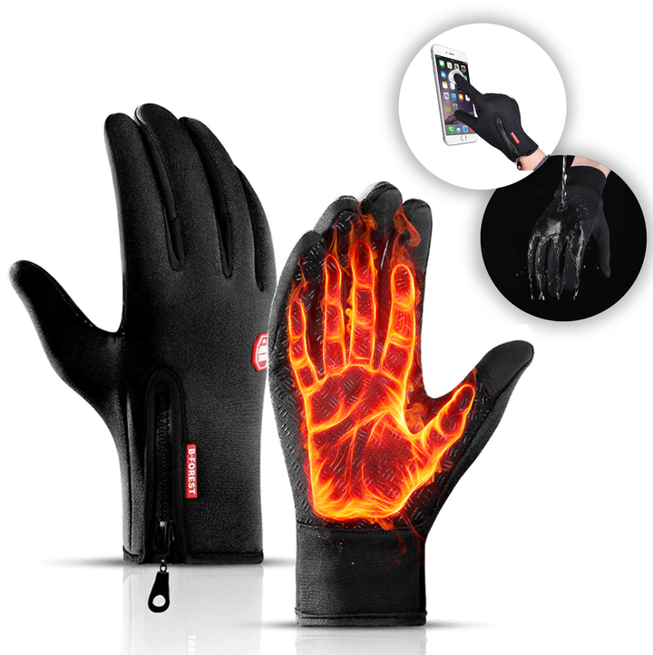 "Warme, winddichte WinterShield handschoenen met touchscreen, zwart neopreen met fleece voering en antislip grip."