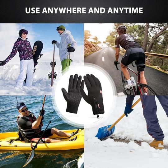 "Warme, winddichte WinterShield handschoenen met touchscreen, zwart neopreen met fleece voering en antislip grip."