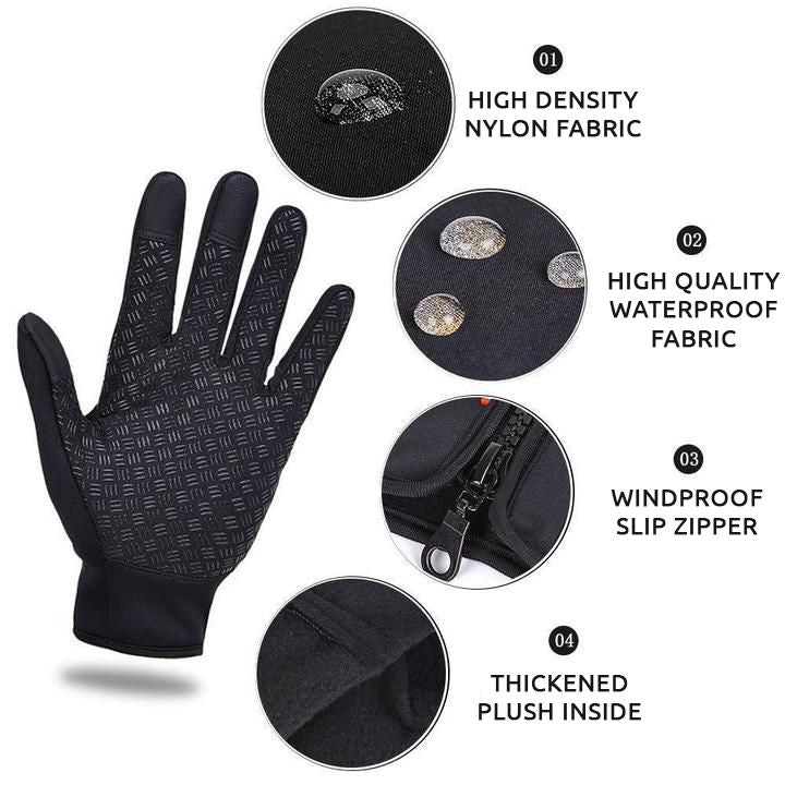 "Warme, winddichte WinterShield handschoenen met touchscreen, zwart neopreen met fleece voering en antislip grip."
