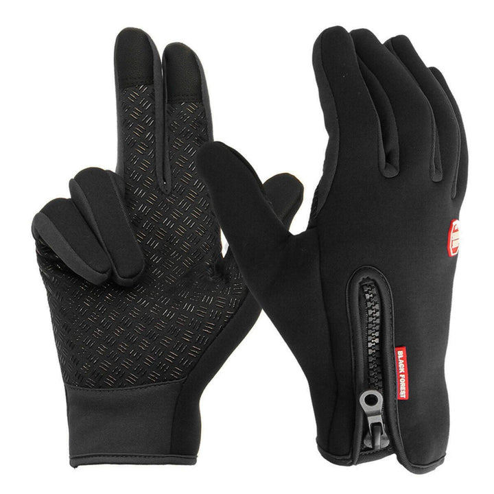 "Warme, winddichte WinterShield handschoenen met touchscreen, zwart neopreen met fleece voering en antislip grip."