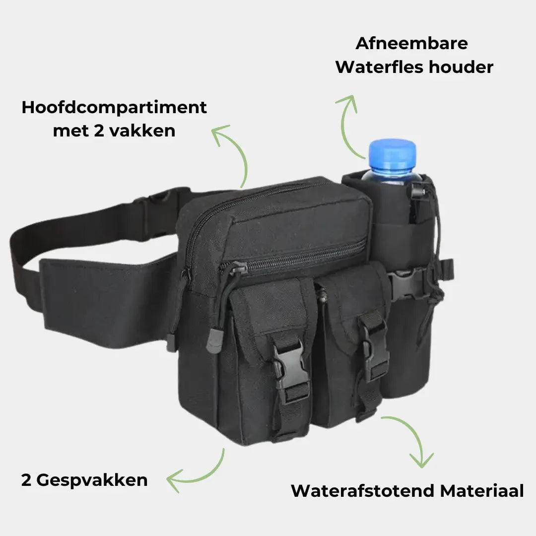 "Waterbestendige heuptas voor wandelen in groen, khaki of zwart, met meerdere vakken en verstelbare tailleband."