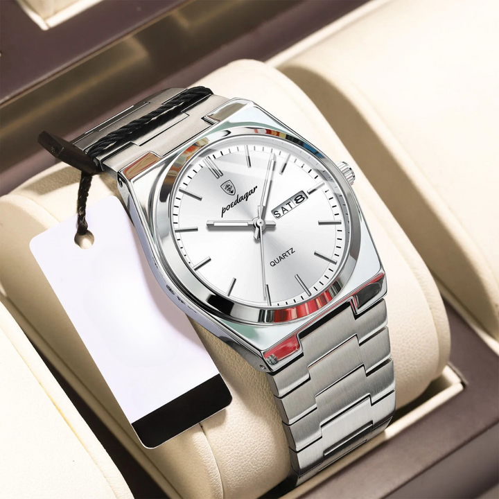"Waterdicht roestvrijstalen herenhorloge, rond, zilverkleurig, elegant ontwerp met lichtgevende wijzers, 40mm wijzerplaat."