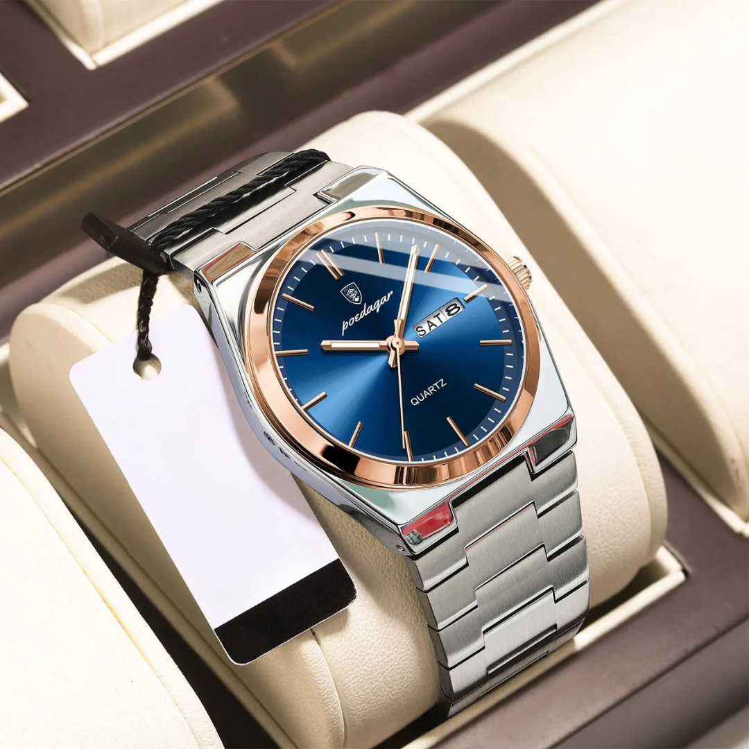 "Waterdicht roestvrijstalen herenhorloge, rond, zilverkleurig, elegant ontwerp met lichtgevende wijzers, 40mm wijzerplaat."