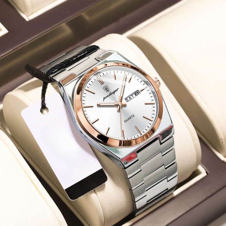 "Waterdicht roestvrijstalen herenhorloge, rond, zilverkleurig, elegant ontwerp met lichtgevende wijzers, 40mm wijzerplaat."