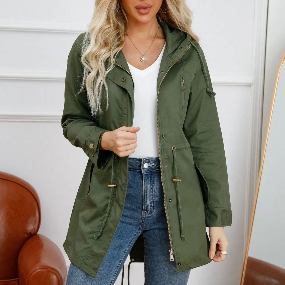 "Waterdichte lange zomerjas voor dames, elegant en lichtgewicht, beschikbaar in groen, grijs, rood, blauw."