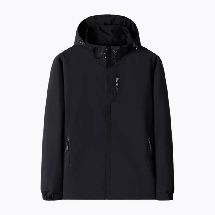 "Waterdichte lichtgewicht outdoor windbreaker heren, polyester met capuchon, ritsen en zakken, ideaal voor avonturen."
