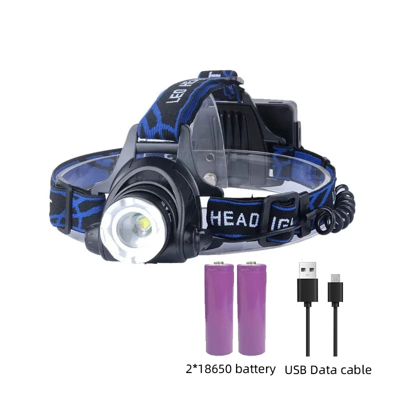 "Waterdichte oplaadbare LED hoofdlamp met superhelder licht en verstelbare zoom voor outdoor avonturen."