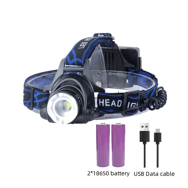 "Waterdichte oplaadbare LED hoofdlamp met superhelder licht en verstelbare zoom voor outdoor avonturen."