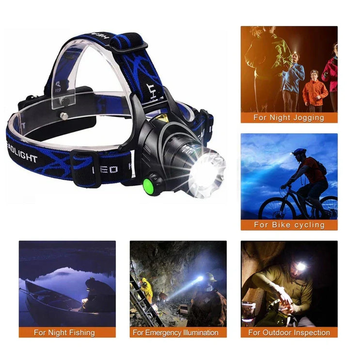 "Waterdichte oplaadbare LED hoofdlamp met superhelder licht en verstelbare zoom voor outdoor avonturen."