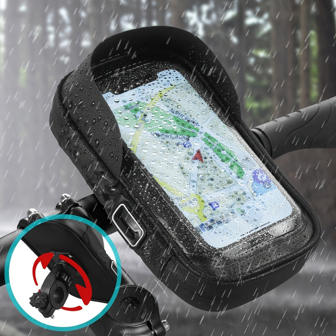 "Waterdichte telefoonhouder voor fiets en motor, draait 360 graden, past op telefoons 4,5-6,4 inch, gemonteerd op stuur."