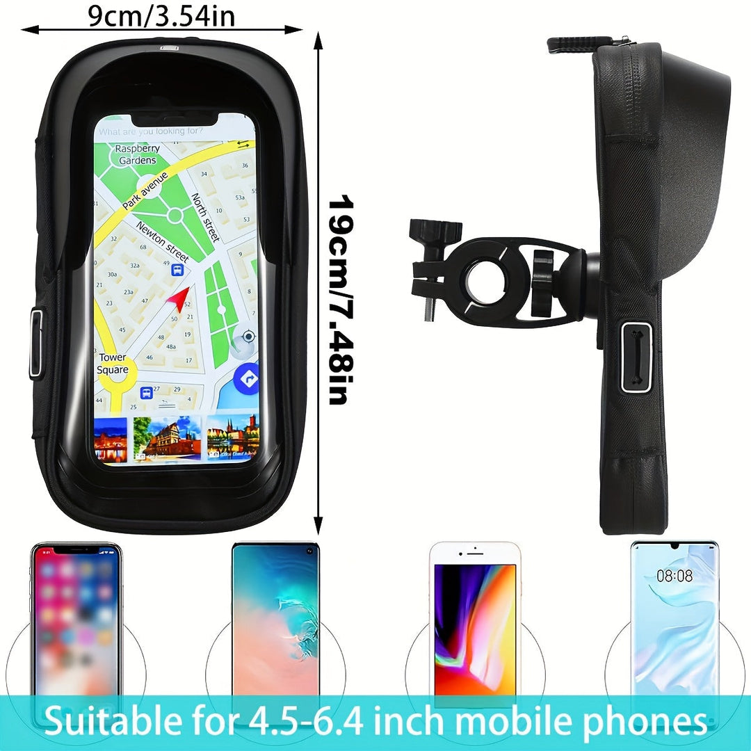 "Waterdichte telefoonhouder voor fiets en motor, draait 360 graden, past op telefoons 4,5-6,4 inch, gemonteerd op stuur."