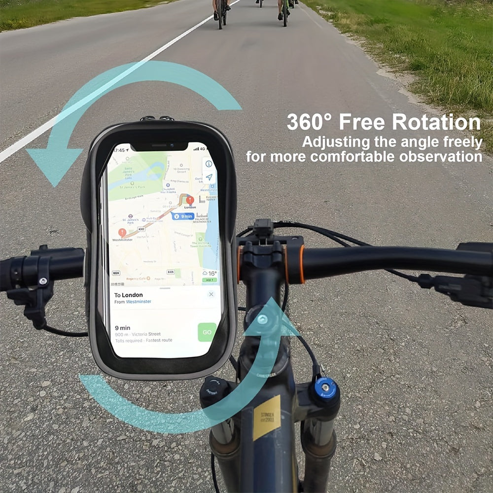 "Waterdichte telefoonhouder voor fiets en motor, draait 360 graden, past op telefoons 4,5-6,4 inch, gemonteerd op stuur."