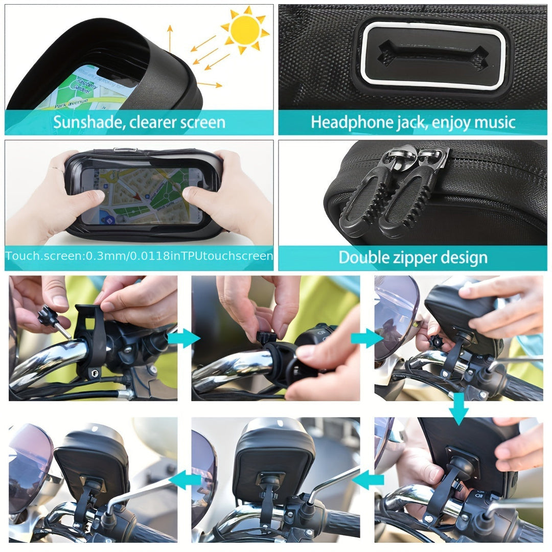 "Waterdichte telefoonhouder voor fiets en motor, draait 360 graden, past op telefoons 4,5-6,4 inch, gemonteerd op stuur."